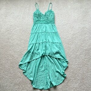 No Boundaries Teal Crochet High Low Dress